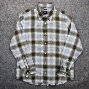 100% Linen GAP Shadow Plaid Flannel Shirt Men's XL Lightweight Breathable Summer